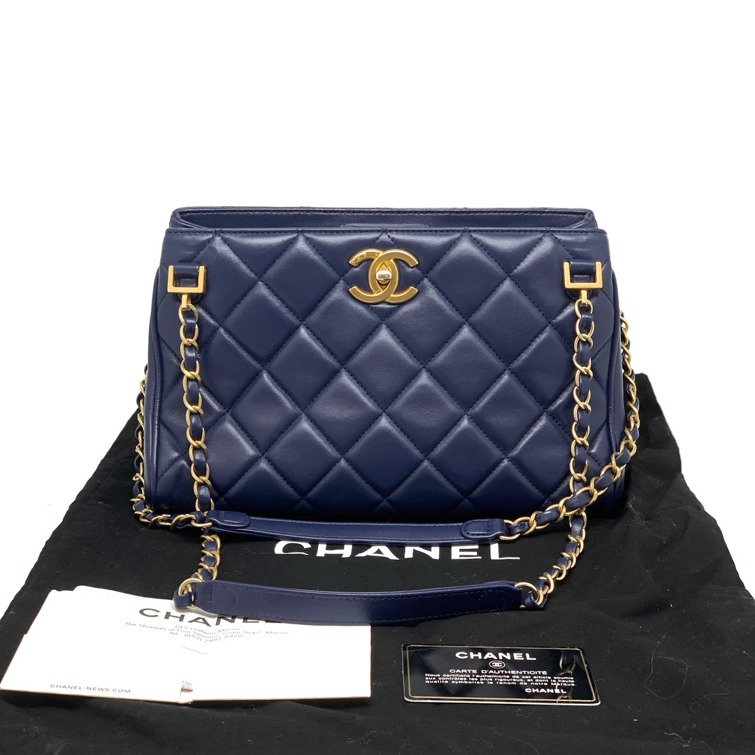 Chanel 香奈儿 藏蓝金扣菱格tote链条包