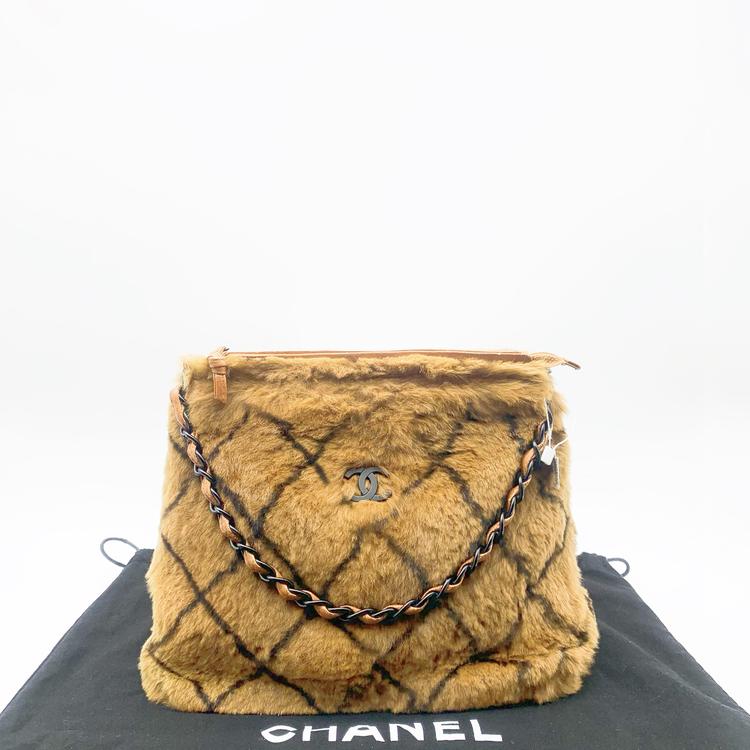 Chanel 香奈儿 棕色格子毛绒Vintage链条包腋下包