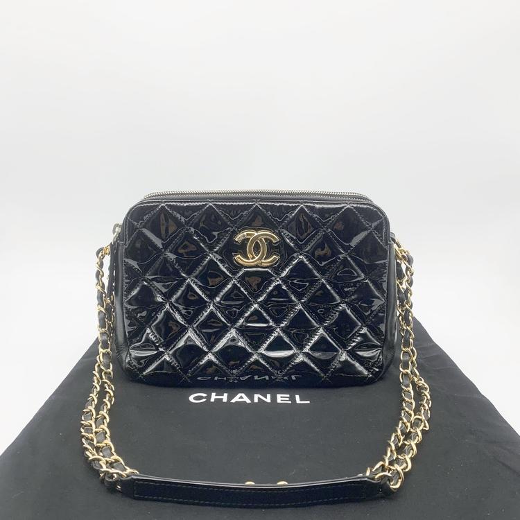 Chanel 香奈儿 黑金漆皮相机链条包