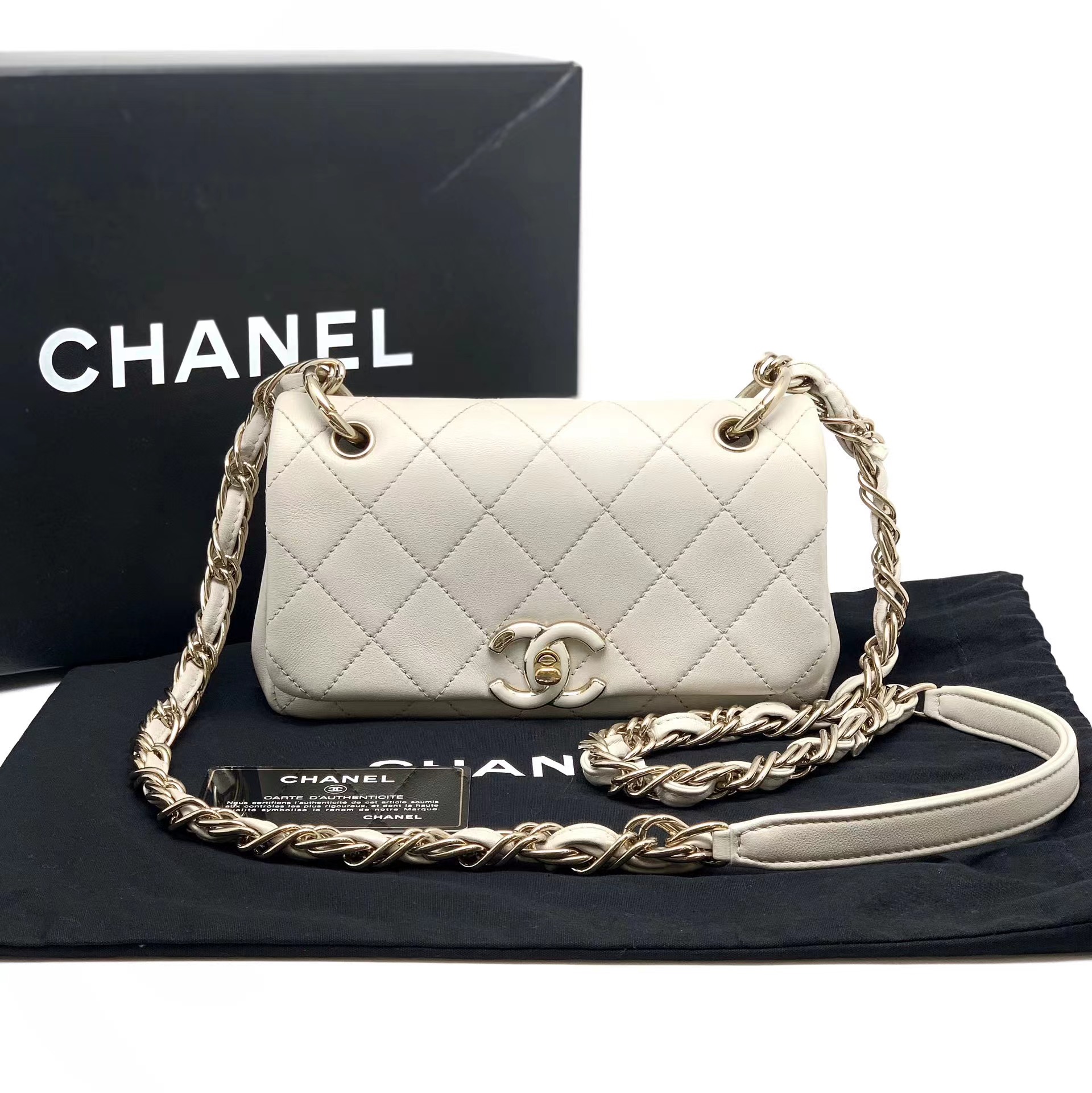 Chanel 香奈儿 21C米色金扣珐琅大mini链条包