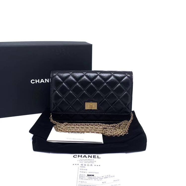 Chanel 香奈儿 全套芯片款黑金牛皮2.55woc链条包