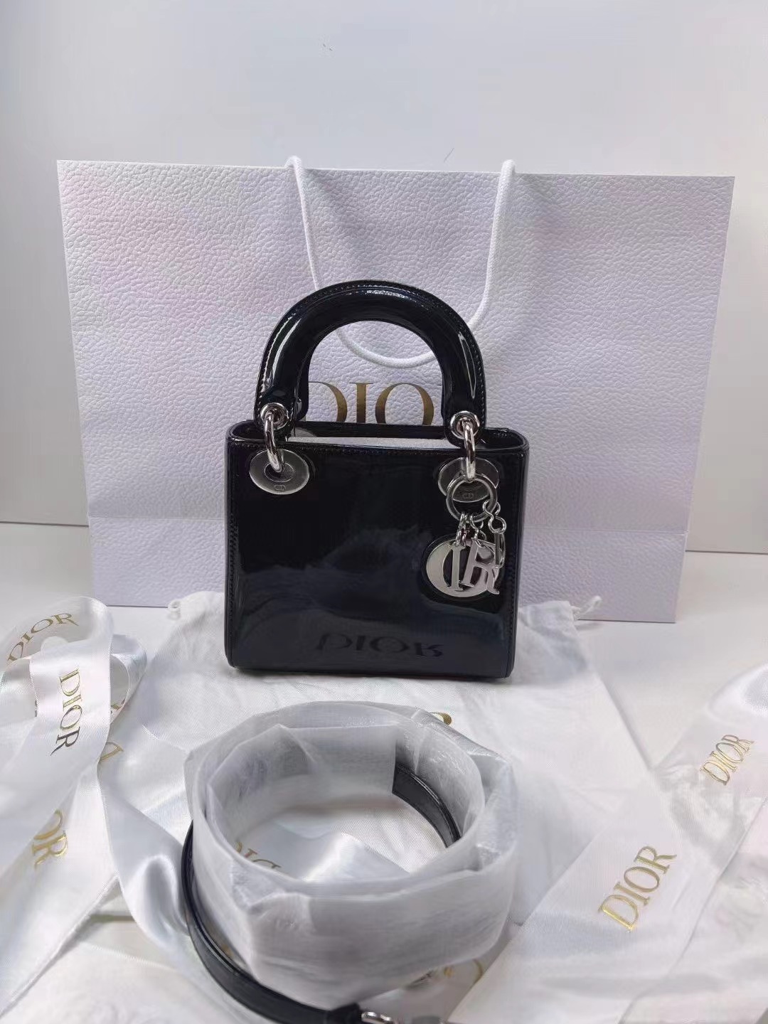 Dior 迪奥 黑银漆皮三格戴妃包