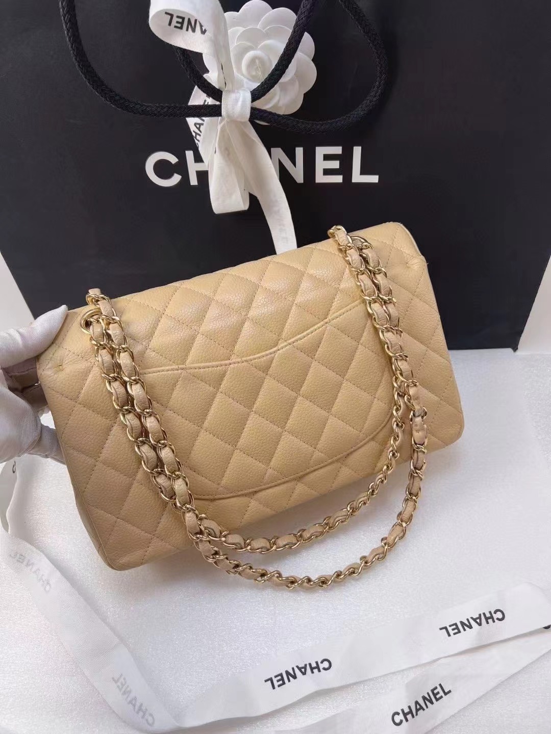 Chanel香奈儿 奶茶色金扣荔枝牛皮CF 99新香奈儿CHANEL CF 中号 米金/奶茶色 荔枝皮 单肩包 17镭射无卡 专柜公价80000++ 好价💰