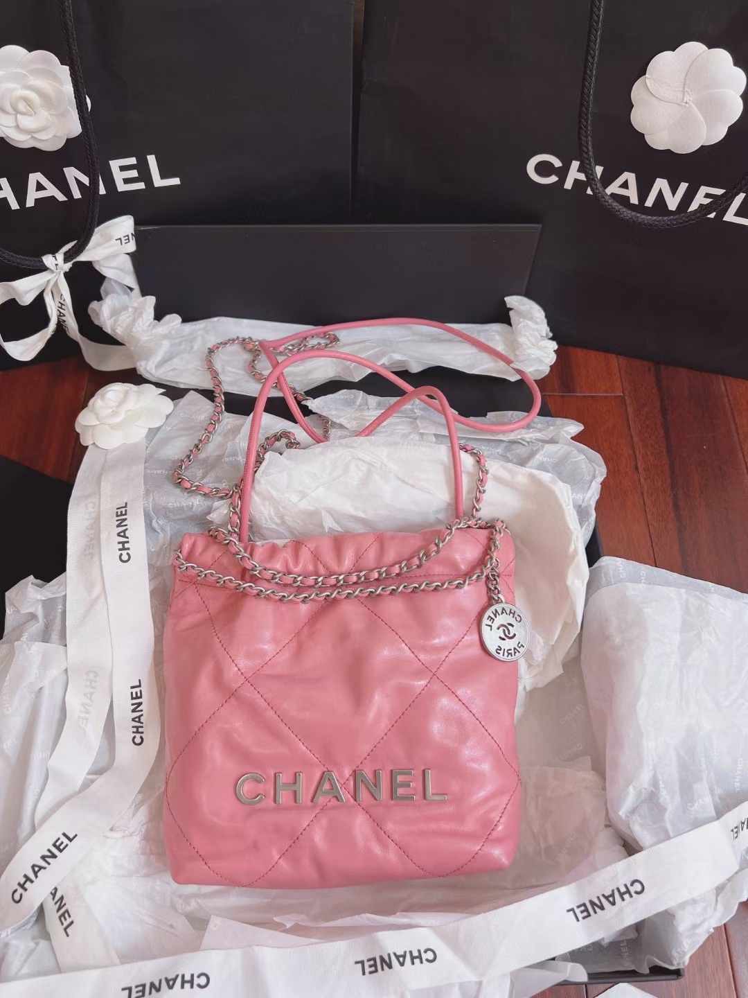 Chanel香奈儿 23A粉色银字22bag芯片款 全❤️芯片款CHANEL 23a粉色银字22bag mini樱花粉银字银链干净温柔绝美附件盒子尘袋 好价💰