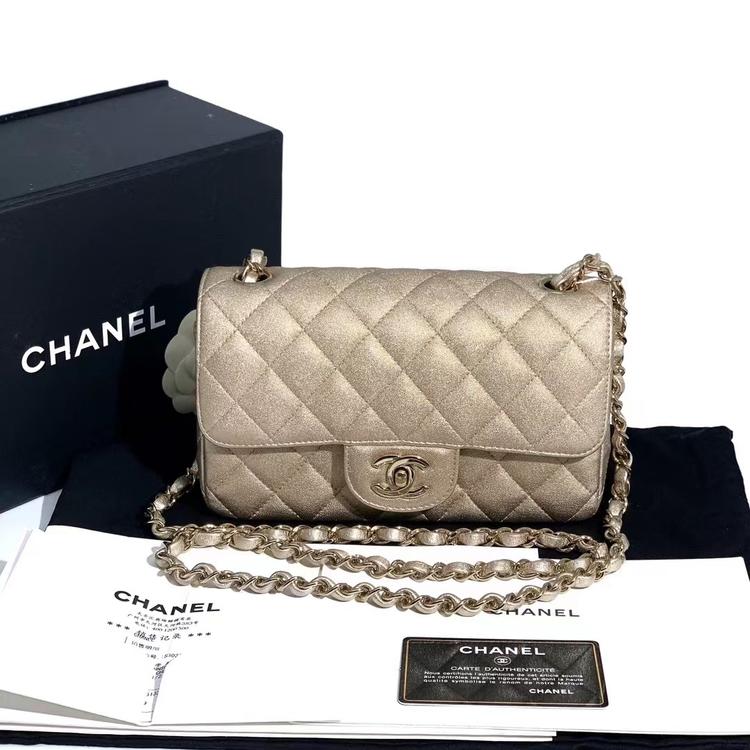 Chanel 香奈儿 全套珠光香槟金CF大mini链条包