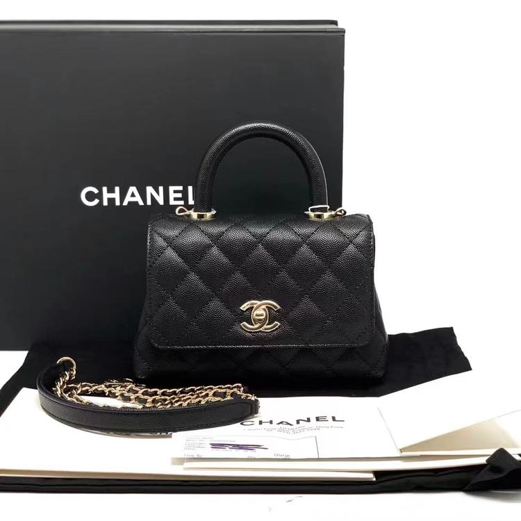 Chanel 香奈儿 全新全套芯片款黑金鱼子酱牛皮Cocohandle mini链条包