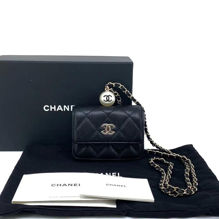 Chanel 香奈儿 全套新款黑金荔枝纹牛皮斜跨珍珠小卡包手提包 