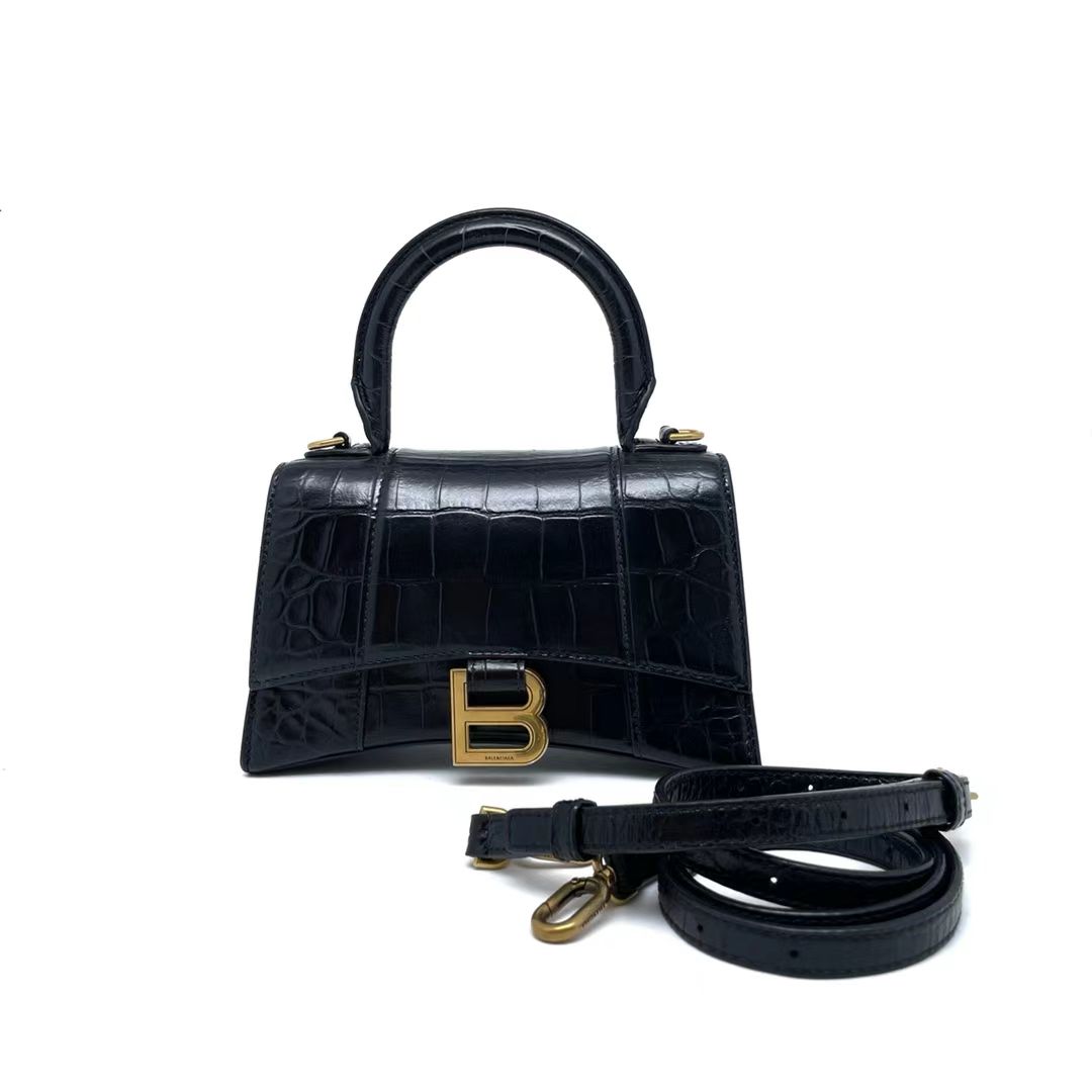 Balenciaga 巴黎世家 黑金鳄鱼压纹沙漏包XS