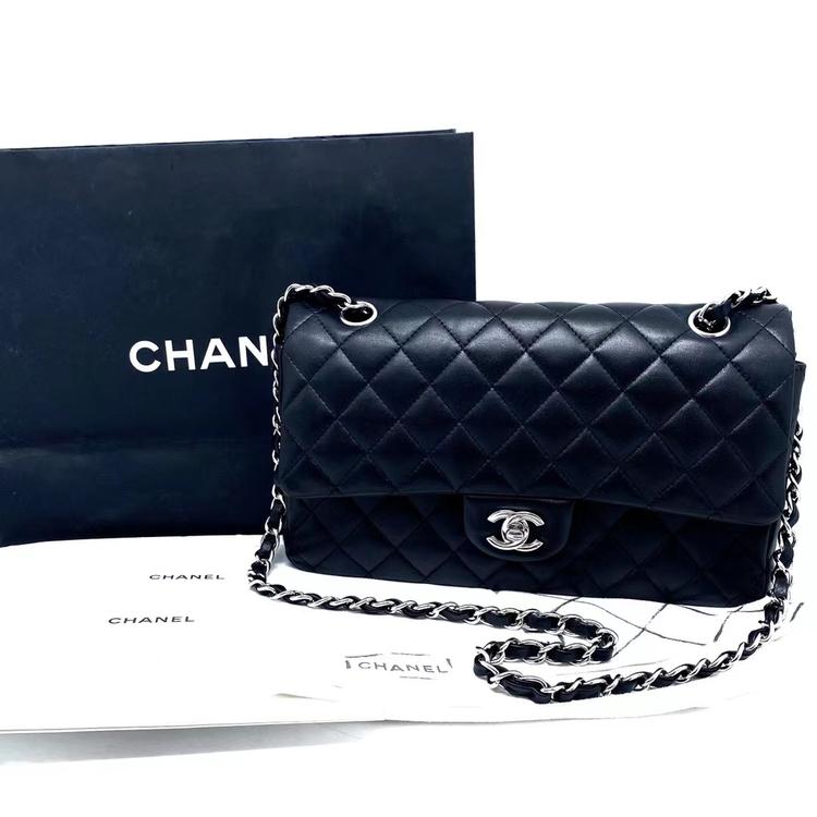 Chanel 香奈儿 黑银羊皮CF中号链条包