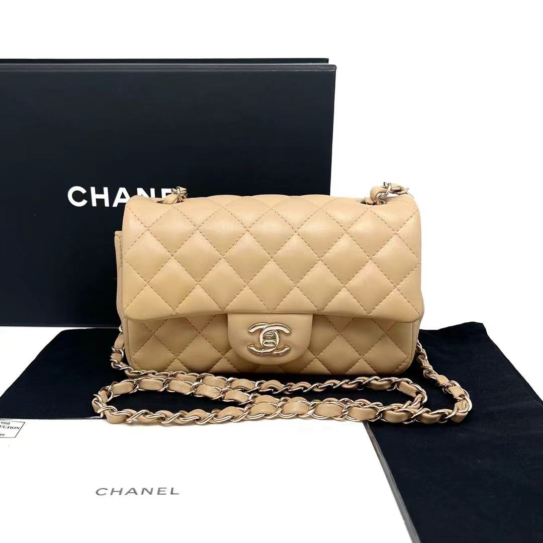 Chanel 香奈儿 米色金扣大mini CF链条包芯片款
