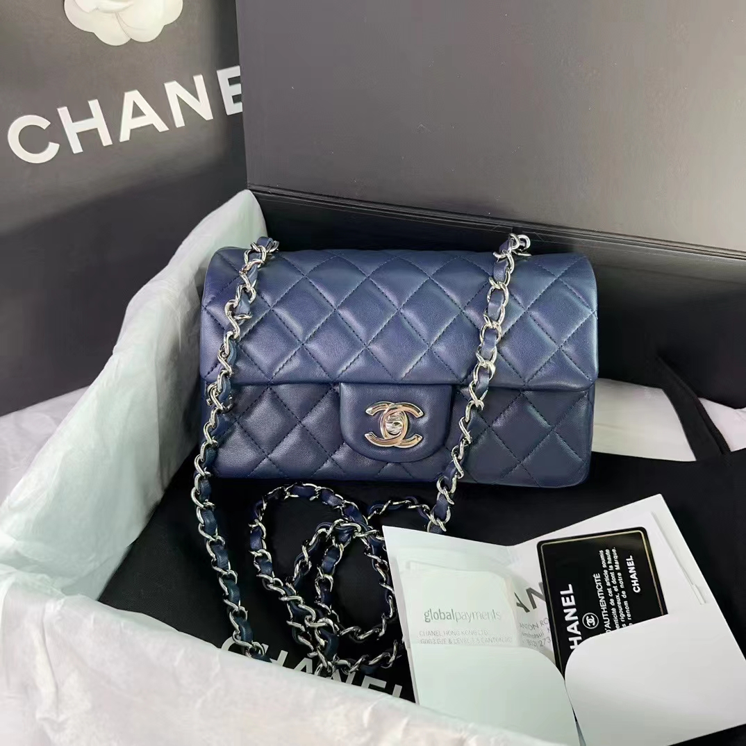 Chanel 香奈儿 深蓝色银扣CF大mini链条包