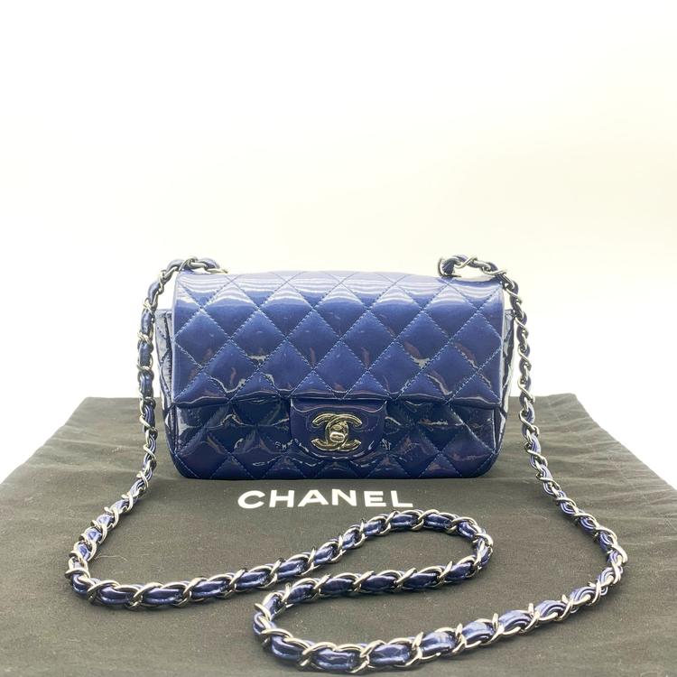 Chanel 香奈儿 海军蓝漆皮银扣CF大mini链条包