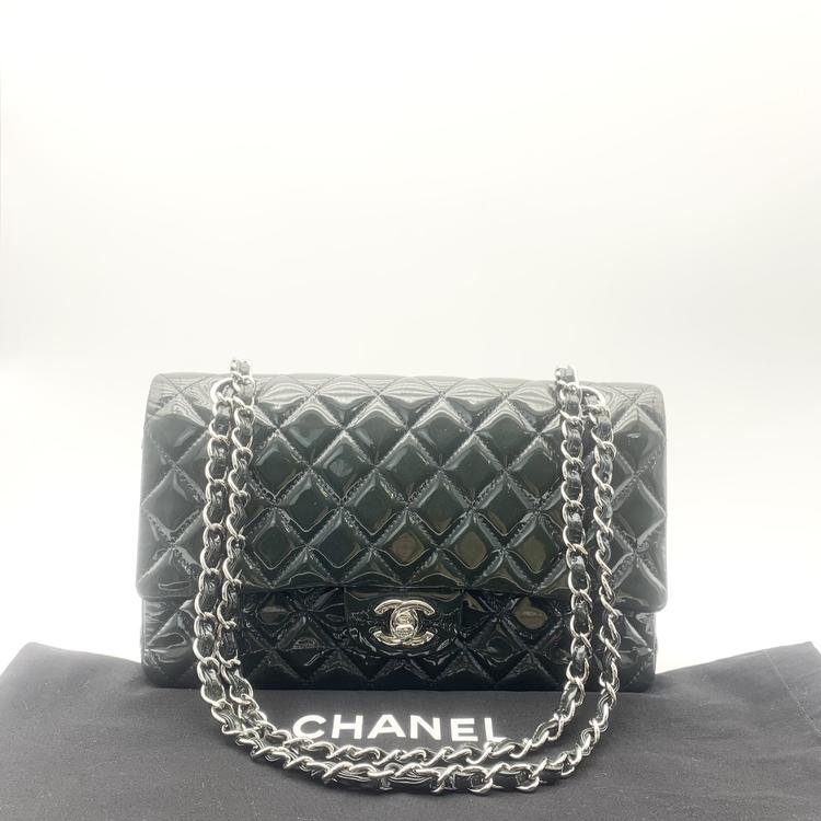 Chanel 香奈儿 墨绿银扣漆皮CF中号链条包