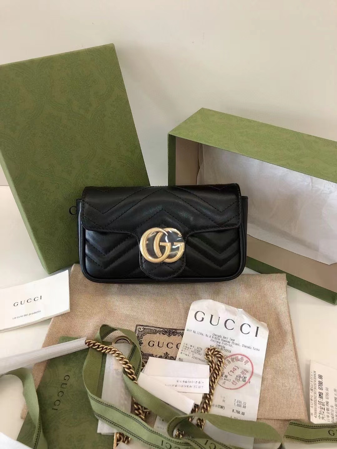 Gucci 古驰 全新全套黑金marmont supermini