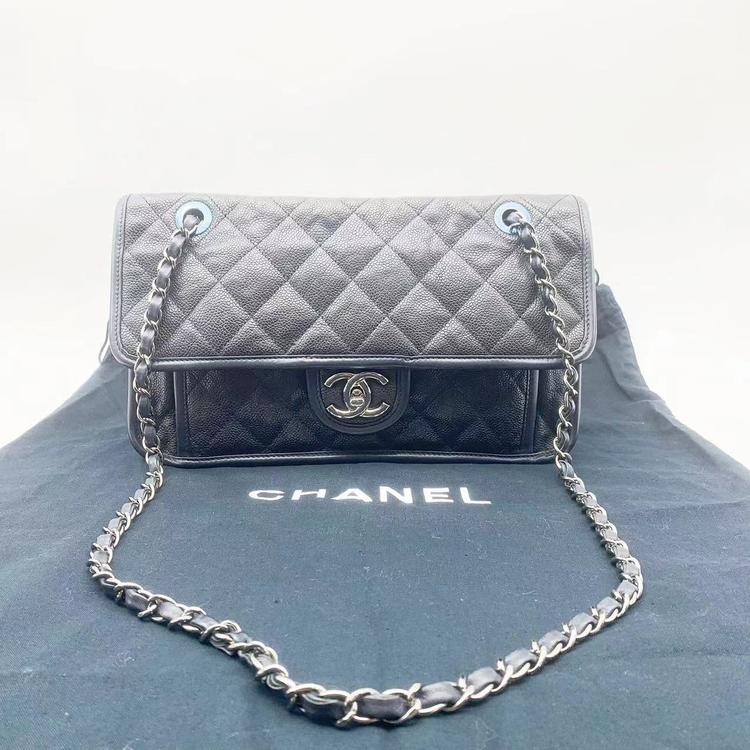 Chanel 香奈儿 午夜蓝银扣牛皮CF系列链条包