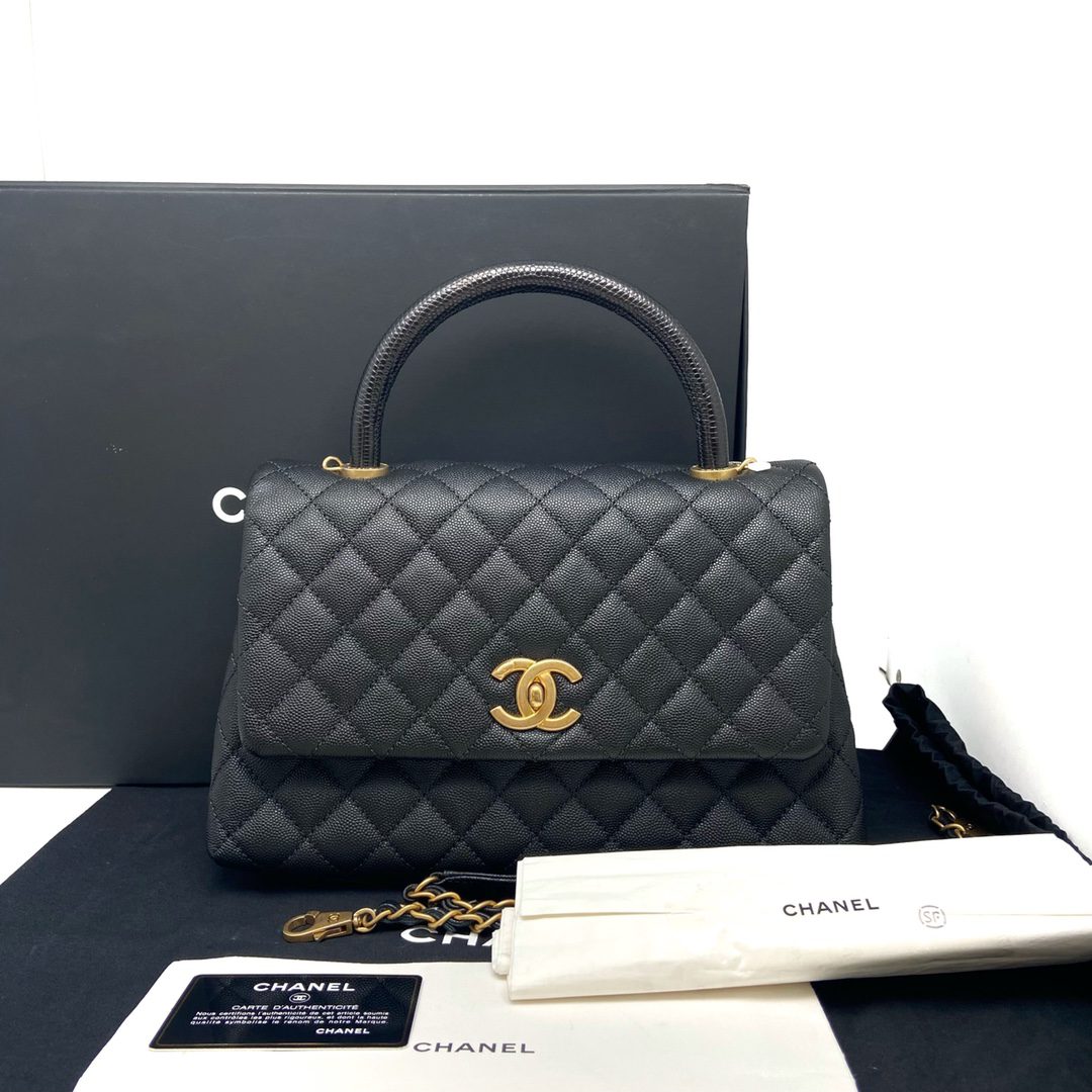 Chanel 香奈儿 黑金荔枝牛皮cocohandle中号