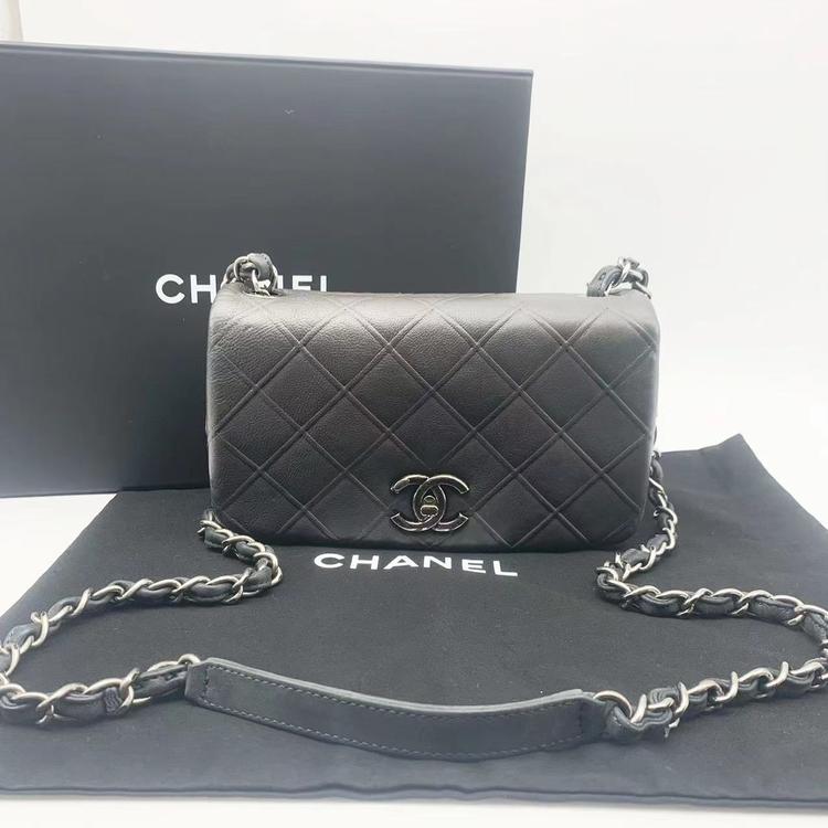 Chanel 香奈儿 黑灰色牛皮双C扣菱格链条包
