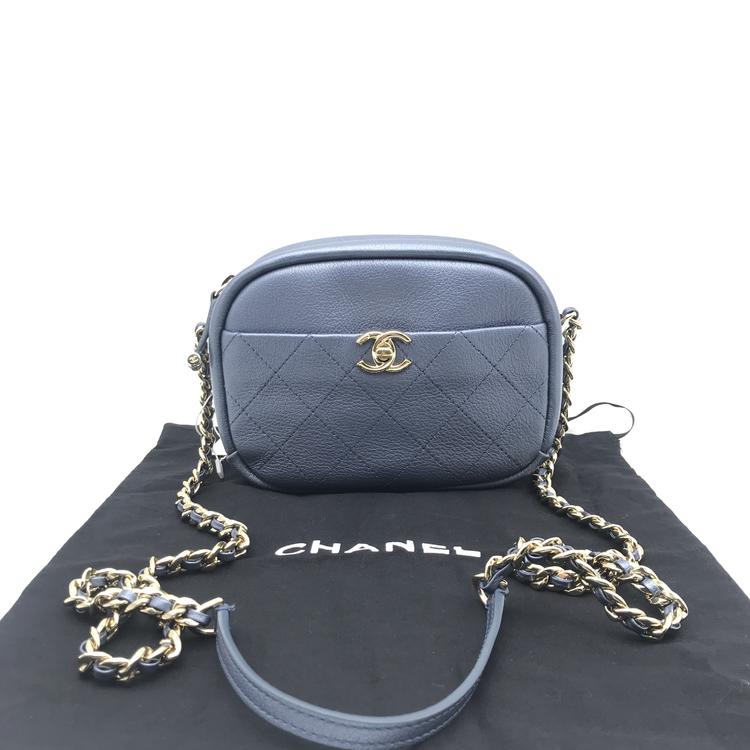 Chanel 香奈儿 蓝色金扣菱格相机链条包