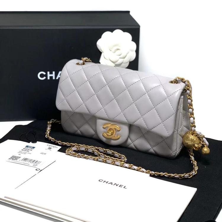 Chanel 香奈儿 全新带膜芯片款灰金金球大mini链条包
